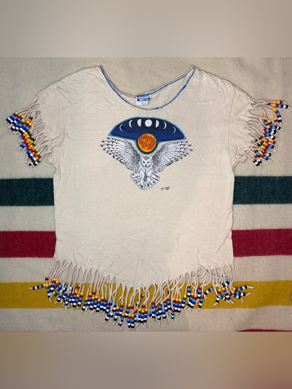 VTG 80s Hanes Beefy T Handmade Moon Cycle Owl Handmade Beaded Graphic Tee XL
